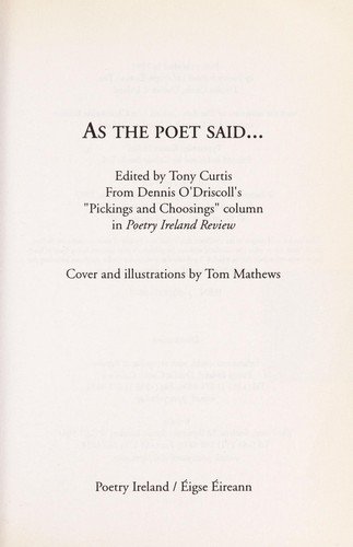Cover for Tony Curtis · As the Poet Said: Poetry Pickings and Writings (Paperback Book) (1998)
