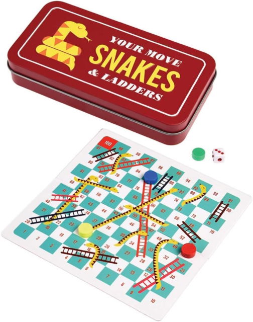 Cover for Travel snakes and ladders game in a tin (Paperback Book) (2023)