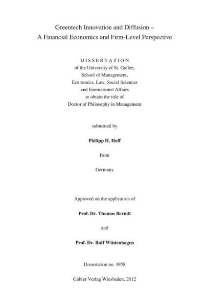 Cover for Philipp Hoff · Greentech Innovation and Diffusion: A Financial Economics and Firm-Level Perspective - Schriften zum europaischen Management (Paperback Bog) (2012)