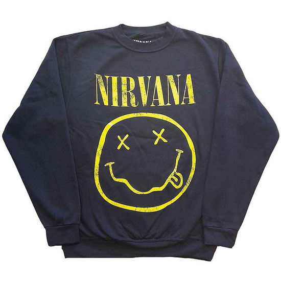 Cover for Nirvana · Nirvana Unisex Sweatshirt: Yellow Happy Face (Navy Blue) (CLOTHES) [size L] (2022)