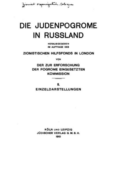 Cover for Zionist Organisation · Die Judenpogrome in Russland (1910) (Paperback Bog) (2015)