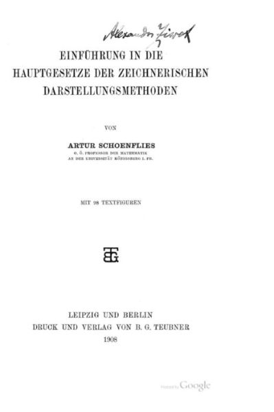 Cover for Arthur Schoenflies · Einfuhrung in Die Hauptgesetze Der Zeichnerischen Darstellungsmethoden (Paperback Book) (2015)