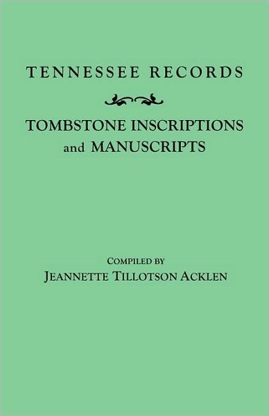 Cover for Acklen · Tennessee Records: Tombstone Inscriptions and Manuscripts (#22) (Pocketbok) (2009)