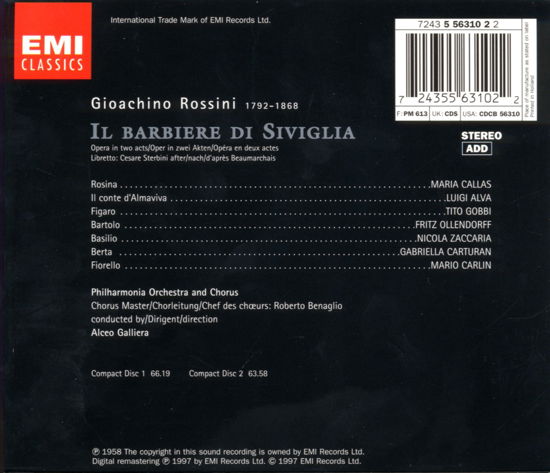 Rossini: Il Barbieri Di Sivigl - Callas / Alva / Gobbi / Gallie - Musikk - EMI - 0724355631022 - 12. februar 2004