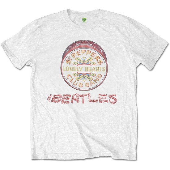 Cover for The Beatles · The Beatles Unisex T-Shirt: Flowers Logo &amp; Drum (T-shirt) [size L] [White - Unisex edition]