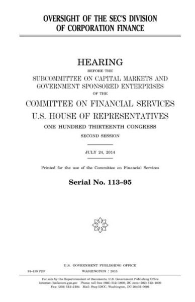 Cover for United States Congress · Oversight of the SEC?s Division of Corporation Finance (Paperback Book) (2017)