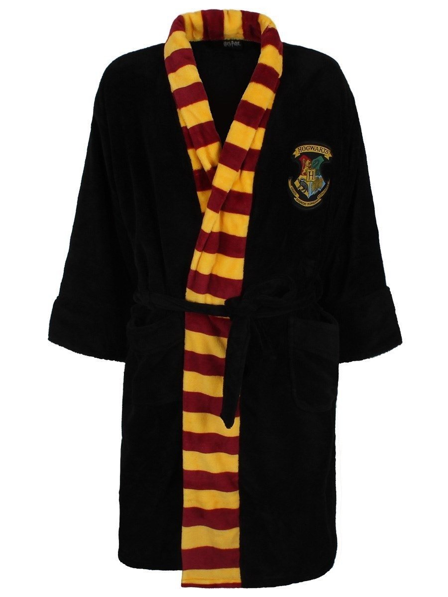 Harry Potter Hogwarts Mens Black Fleece Robe with Scarf Detail 