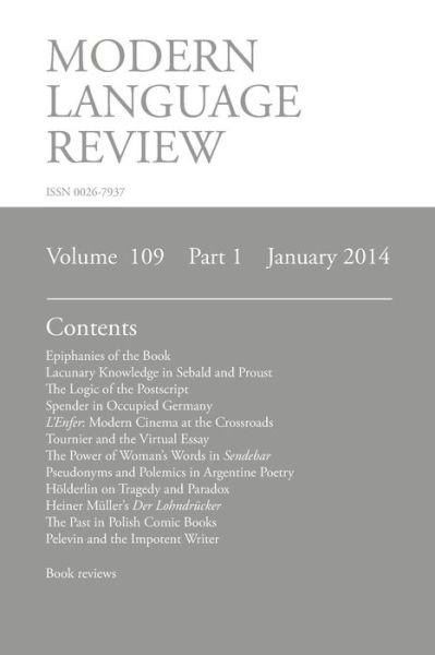 Cover for D F Connon · Modern Language Review (109: 1) January 2014 (Pocketbok) (2014)