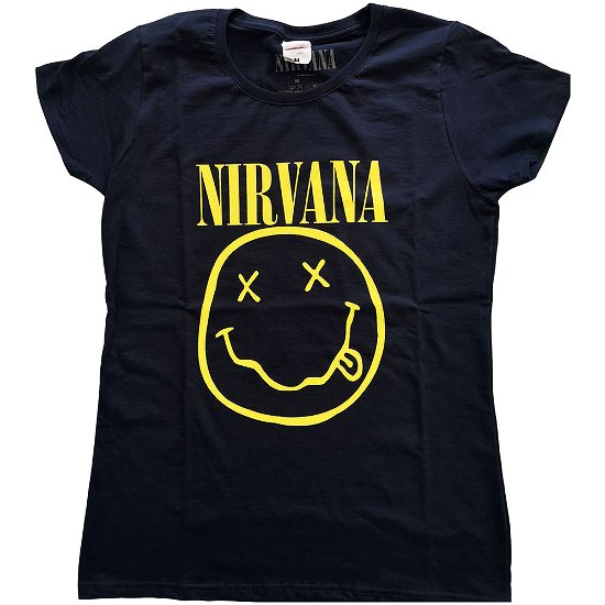 Cover for Nirvana · Nirvana Ladies T-Shirt: Yellow Happy Face (T-shirt) [size XS] [Blue - Ladies edition]
