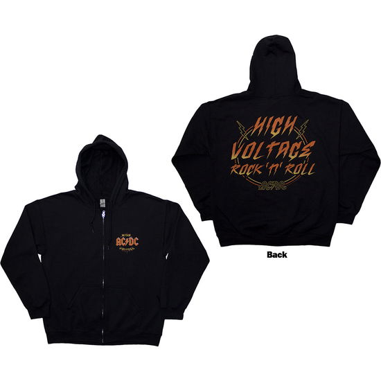 AC/DC Unisex Zipped Hoodie: High Voltage RnR (Black) (Back Print) - AC/DC - Merchandise - - 5056737291049 - October 8, 2024