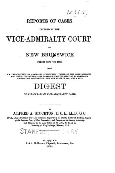 Cover for New Brunswick Vice-admiralty Court · Reports of Cases Decided in the Vice-admiralty Court of New Brunswick (Paperback Book) (2015)