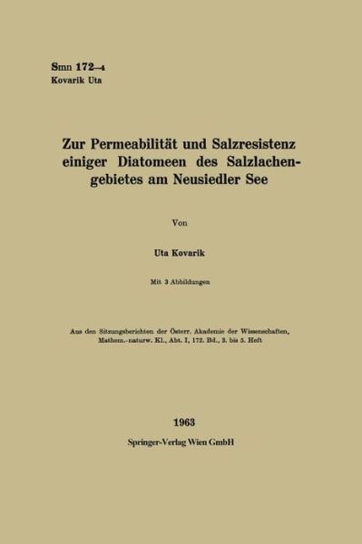Cover for Uta Kovarik · Zur Permeabilitat Und Salzresistenz Einiger Diatomeen Des Salzlachengebietes Am Neusiedler See (Taschenbuch) [1963 edition] (1963)