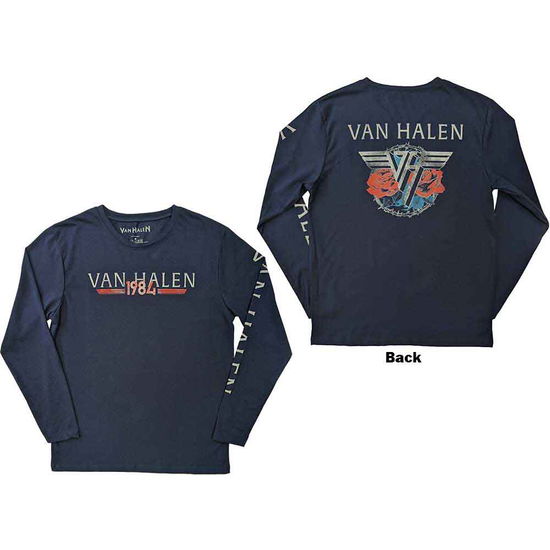 Van Halen Unisex Long Sleeve T-Shirt: 84 Tour (Navy Blue) (Back & Sleeve Print) - Van Halen - Produtos - - 5056561090061 - 27 de junho de 2023