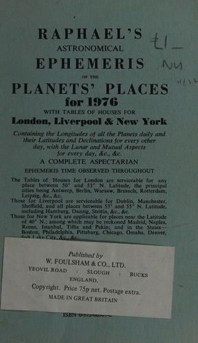 Cover for Edwin Raphael · Raphael's Astronomical Ephemeris: With Tables of Houses for London, Liverpool and New York (Paperback Book) [New edition] (1977)