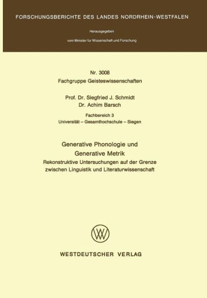 Cover for Siegfried J Schmidt · Generative Phonologie Und Generative Metrik (Paperback Book) [1981 edition] (1981)