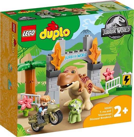 Cover for T · T-rex en Triceratops dinosaurus ontsnapping Lego Duplo (10939) (Legetøj)