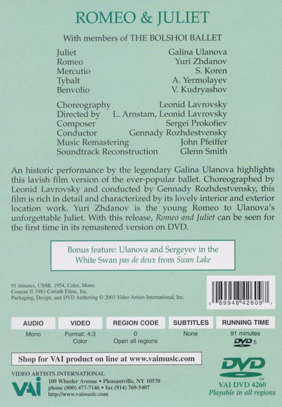 Romeo & Juliet - Prokofiev / Bolshoi Ballet / Ulanova / Zhdanov - Elokuva - VAI - 0089948426097 - tiistai 23. joulukuuta 2003