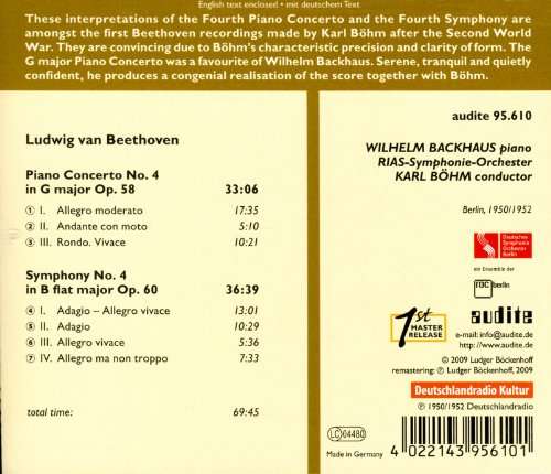 Piano Concerto 4 & Symphony 4 - Beethoven - Música - AUD - 0422143956103 - 12 de enero de 2010