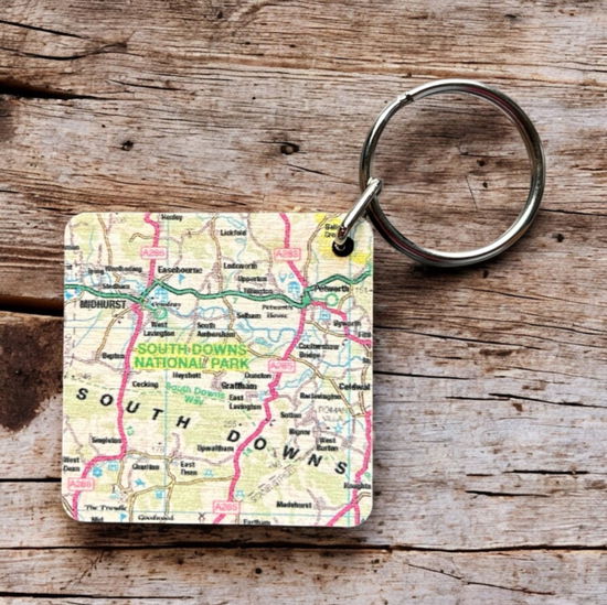Cover for OS Map Wooden Square Key-ring - South Downs National Park (MERCH) (2025)