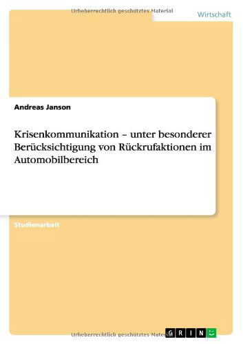 Cover for Andreas Janson · Krisenkommunikation - unter besonderer (Book) [German edition] (2011)