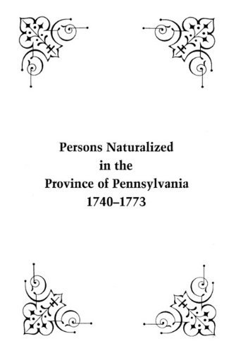 Cover for William H. Egle · Persons Naturalized in the Province of Pennsylvania, 1740-1773 (Taschenbuch) (2009)
