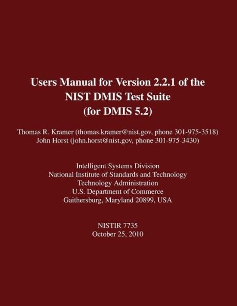 Cover for U S Department of Commerce · Users Manual for Version 2.2.1 of the Nist Dmis Test Suite (For Dmis 5.2) (Taschenbuch) (2014)