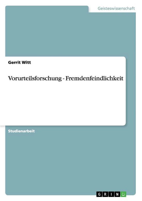 Cover for Witt · Vorurteilsforschung - Fremdenfeind (Book) [German edition] (2011)