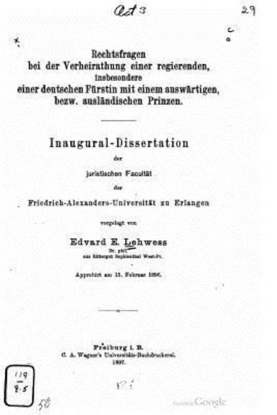 Cover for Edvard E Lehwess · Rechtsfragen bei der Verheirathung einer regierenden (Paperback Bog) (2016)