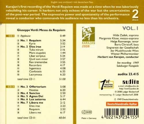 Requiem - Verdi / Wiener Philharmoniker / Von Karajan - Muziek - AUD - 0409410234157 - 14 oktober 2008