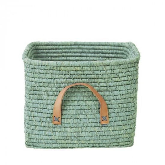 Small Square Raffia Basket With Leather Handles - Mint - Rice - Gadżety - Rice - 5708315800180 - 