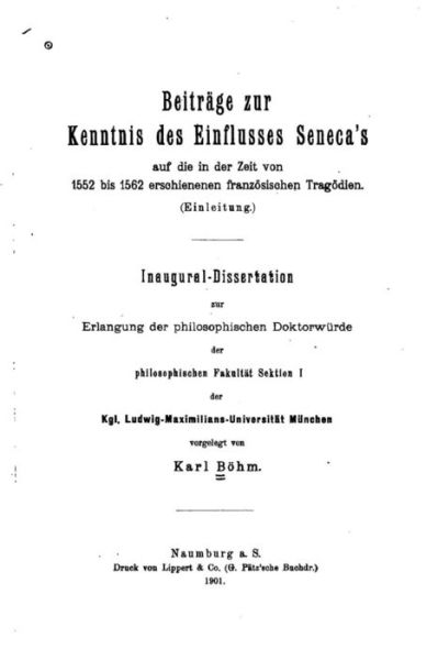 Cover for Karl Bohm · Beitrage zur Kenntnis des Einflusses Seneca's auf die in der Zeit (Paperback Book) (2016)