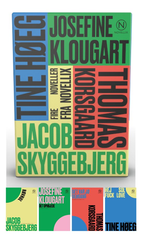 Cover for Josefine Klougart, Thomas Korsgaard, Tine Høeg, Jacob Skyggebjerg · Noveller fra Novellix: Gaveæske med fire noveller af Klougart, Korsgaard, Høeg &amp; Skyggebjerg (Sewn Spine Book) [1e uitgave] (2020)