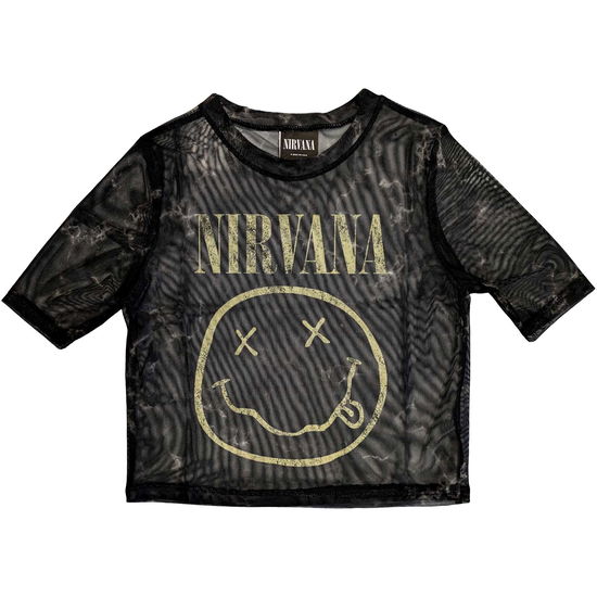 Nirvana Ladies Crop Top: Yellow Happy Face (Mesh) (XX-Small) - Nirvana - Koopwaar -  - 5056561085197 - 