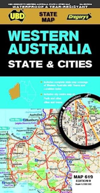 Cover for UBD Gregory's · Western Australia State &amp; Cities Map 619 9th ed waterproof - State Map (Map) [Ninth edition] (2023)