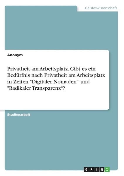 Cover for Anonym · Privatheit am Arbeitsplatz. Gibt (Bog) (2017)