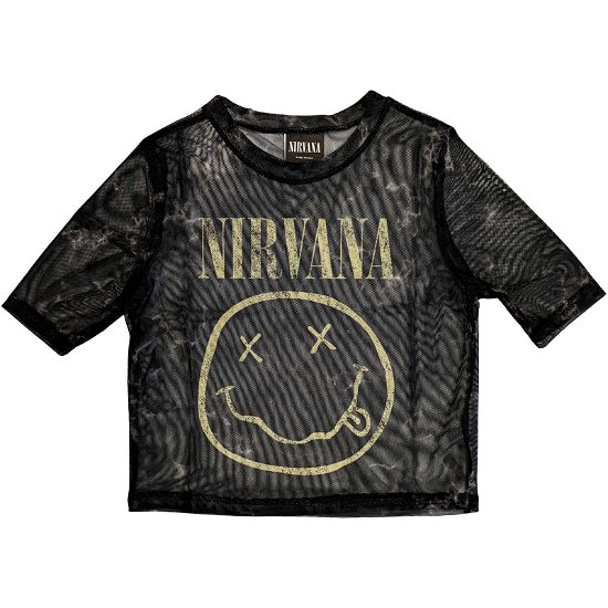 Nirvana Ladies Crop Top: Yellow Happy Face (Mesh) - Nirvana - Merchandise -  - 5056561085203 - 