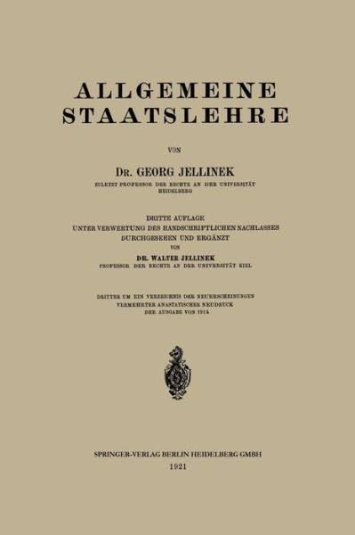 Cover for Jellinek Georg Jellinek · Allgemeine Staatslehre (Book) (1921)