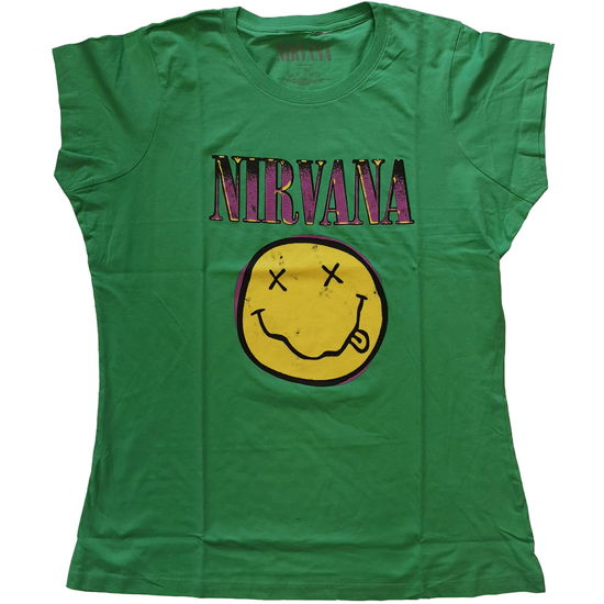 Nirvana Ladies T-Shirt: Xerox Happy Face Pink - Nirvana - Merchandise -  - 5056368677229 - 