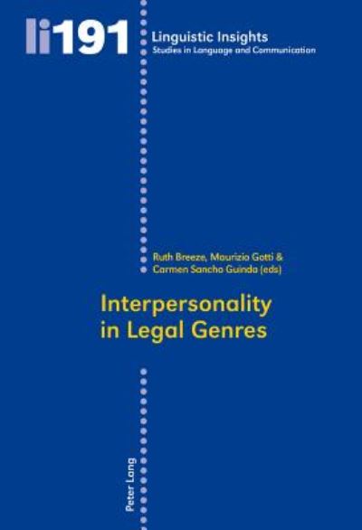 Cover for Interpersonality in Legal Genres - Linguistic Insights (Paperback Book) [New edition] (2014)