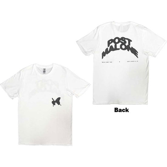 Post Malone Unisex T-Shirt: Curved Logo 2023 Tour (White) (Back Print & Ex-Tour) - Post Malone - Merchandise -  - 5056737233247 - February 10, 2024