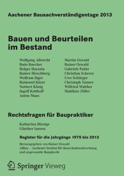 Cover for Oswald · Aachener Bausachverstandigentage 2013: Bauen Und Beurteilen Im Bestand (Paperback Book) [2013 edition] (2013)