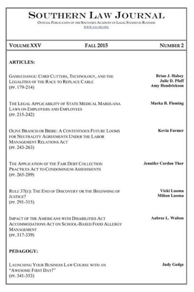 Cover for Salsb · Southern Law Journal, Vol. XXV, No. 2, Fall 2015 (Paperback Book) (2015)