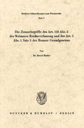 Cover for Rieder · Die Zensurbegriffe des Art. 118 (Bog) (1970)