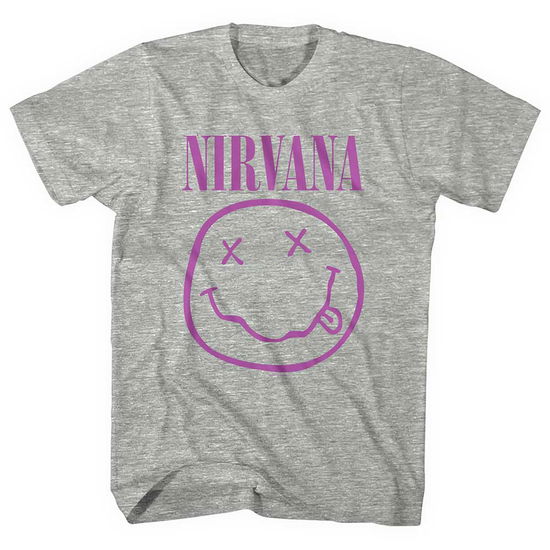 Nirvana Unisex T-Shirt: Purple Happy Face (Grey) - Nirvana - Merchandise -  - 5056561037257 - April 28, 2022