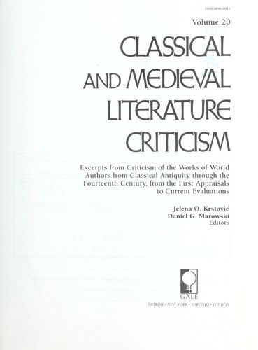 Classical and Medieval Literature Criticism Vol 20 Cmlc - Zoran Minderovic - Książki - Gale - 9780787611262 - 11 kwietnia 1997