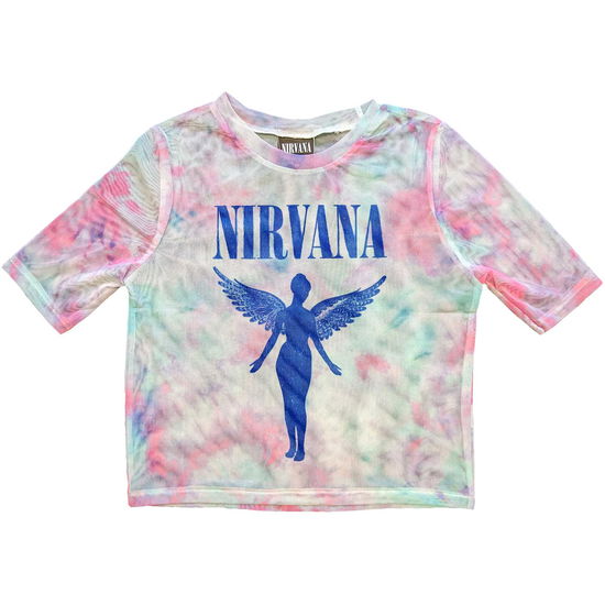 Nirvana Ladies Crop Top: Angelic Blue Mono (White) (Mesh) - Nirvana - Produtos - - 5056561085265 - 15 de maio de 2023