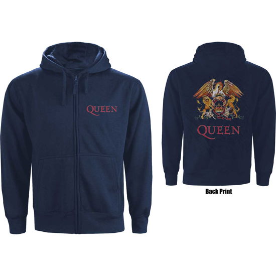 Cover for Queen · Queen Unisex Zipped Hoodie: Classic Crest (Navy Blue) (Back Print) (Hoodie) [size S] [Blue - Unisex edition] (2018)