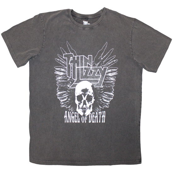 Thin Lizzy Unisex Stone Wash T-Shirt: Angel Of Death (Charcoal Grey) - Thin Lizzy - Produtos - - 5056836442274 - 3 de abril de 2025