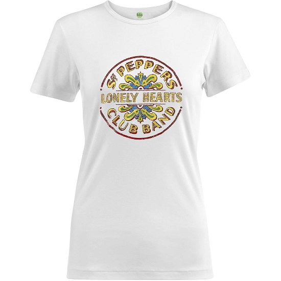 The Beatles Ladies T-Shirt: Sgt Pepper Drum Colour Foil (Embellished) - The Beatles - Produtos - Apple Corps - Apparel - 5056170601276 - 