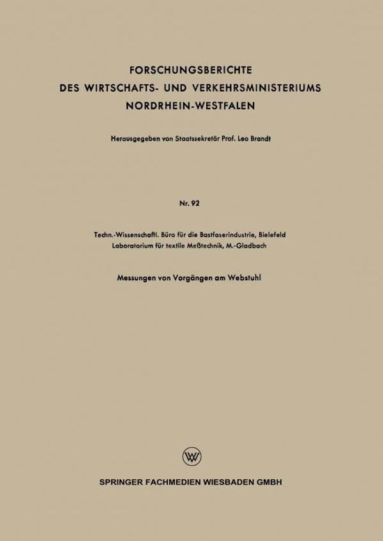Cover for Staatssekretar Prof Leo Brandt · Forschungsberichte Des Wirtschafts- Und Verkehrsministeriums Nordrhein-Westfalen (Paperback Book) [1954 edition] (1954)